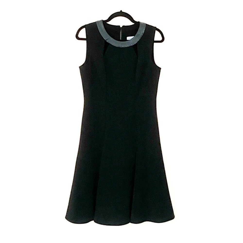 Calvin Klein Sleeveless Faux Leather Trim Neckline Cutout Flare Dress Size 8 - Picture 5 of 7